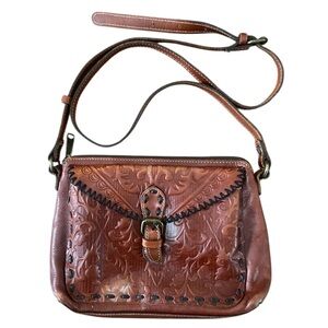 Patricia Nash Italian Leather Bohemian Brown Embossed Leather Shoulder Bag